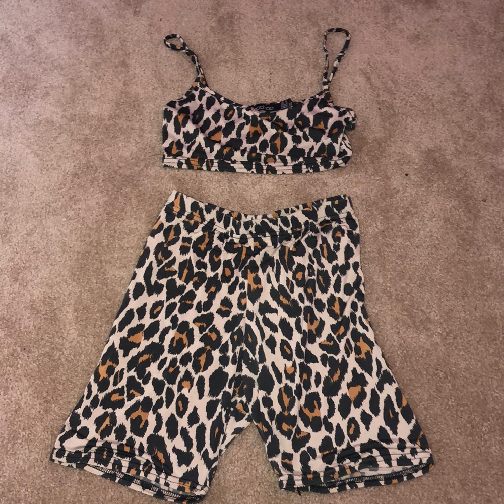 Leopard print crop top and biker shorts
